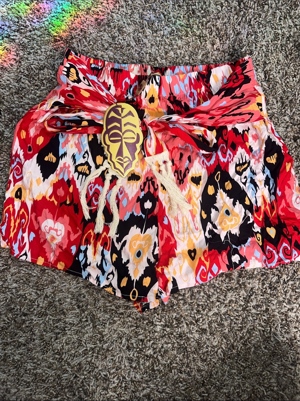 Wayf Red Multi Ikat Tie-Waist Shorts with Tassel